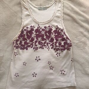 Free People Floral Ribbed Tank Top w/ Lace Trim